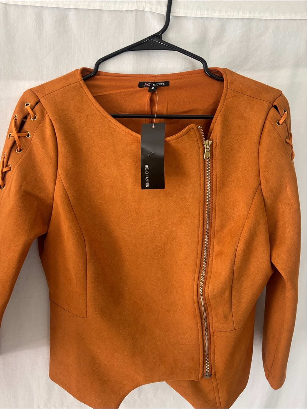 Michele Burnt Orange Lace-Up Faux Suede Moto Jacket. NWTS.